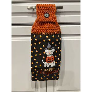Crochet Top Kitchen Towel-Happy Halloween (dog w/pumpkin)